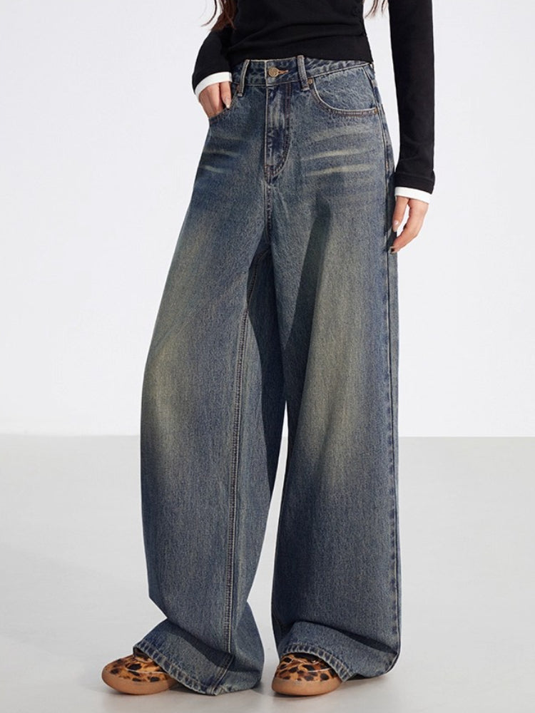 Leather-Patch Wide-Leg Denim Pants