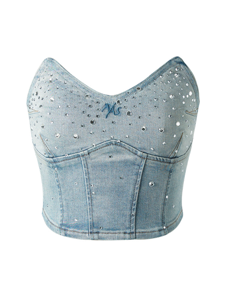 Waist-enhancing Rhinestone Denim Bustier