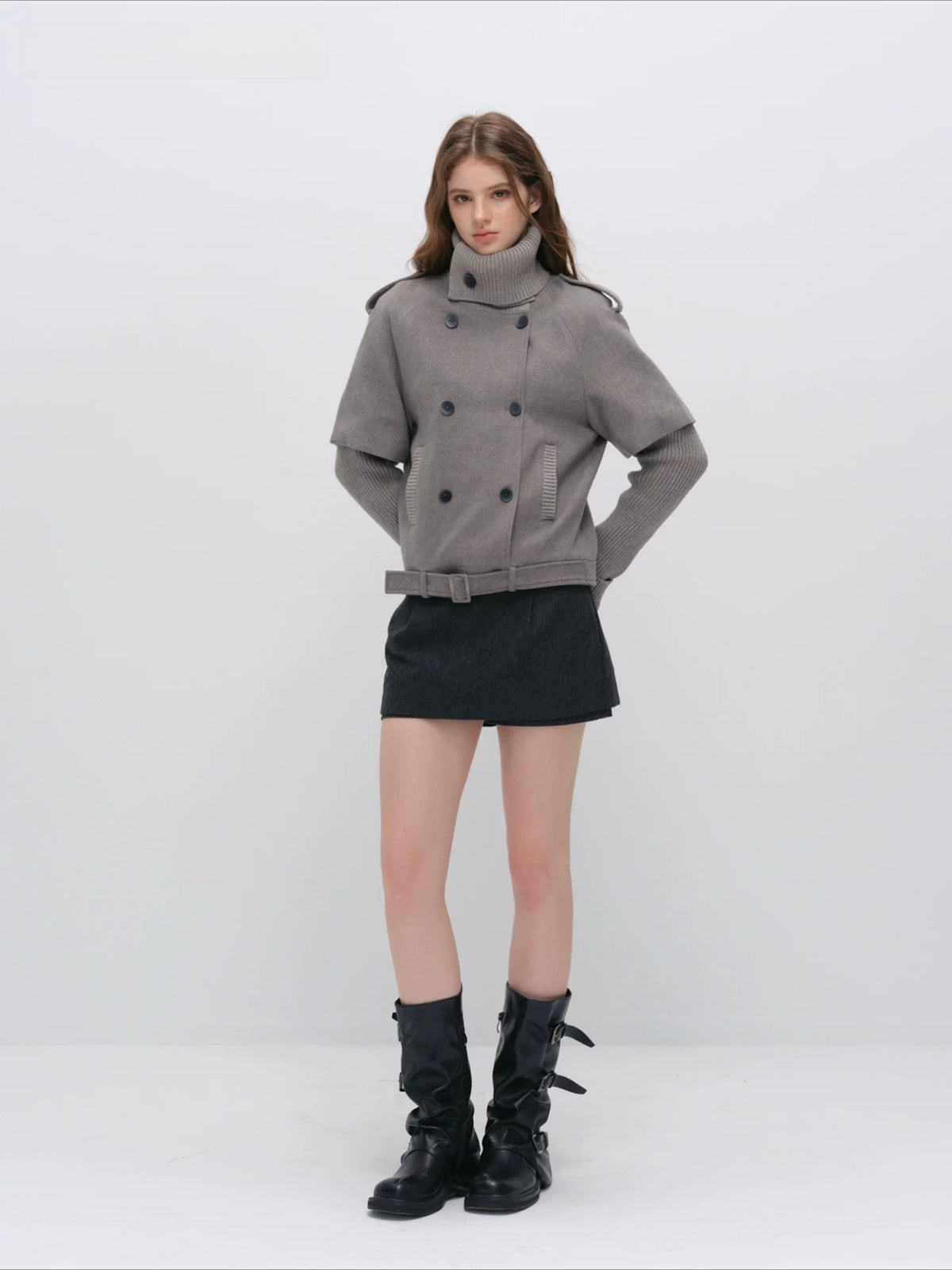 Faux-layered Cape Knit Jacket