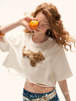 Cat Print Distressed Cropped T-Shirt