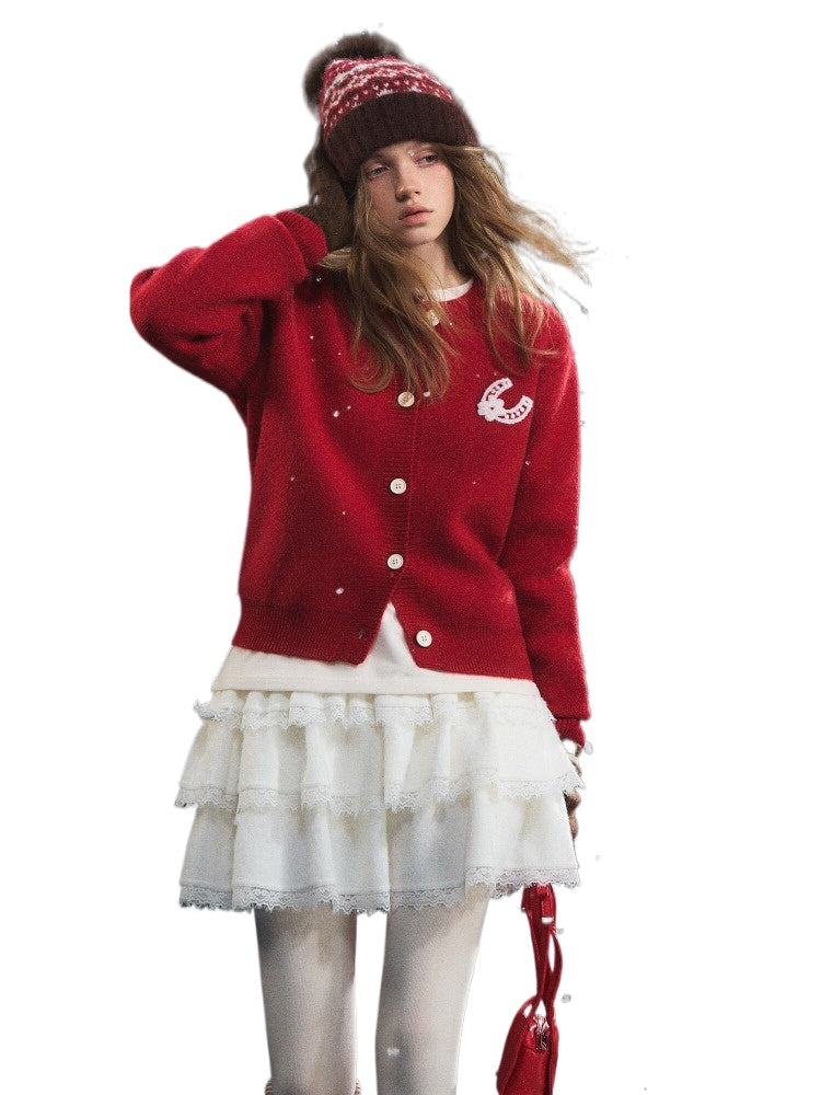 Red Pony Print Crewneck Cardigan