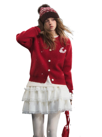 Red Pony Print Crewneck Cardigan