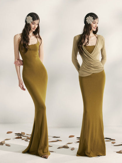 Beaded Halter Knit Fishtail Dress