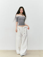 3D Rhinestone Wide - leg Denim Pants