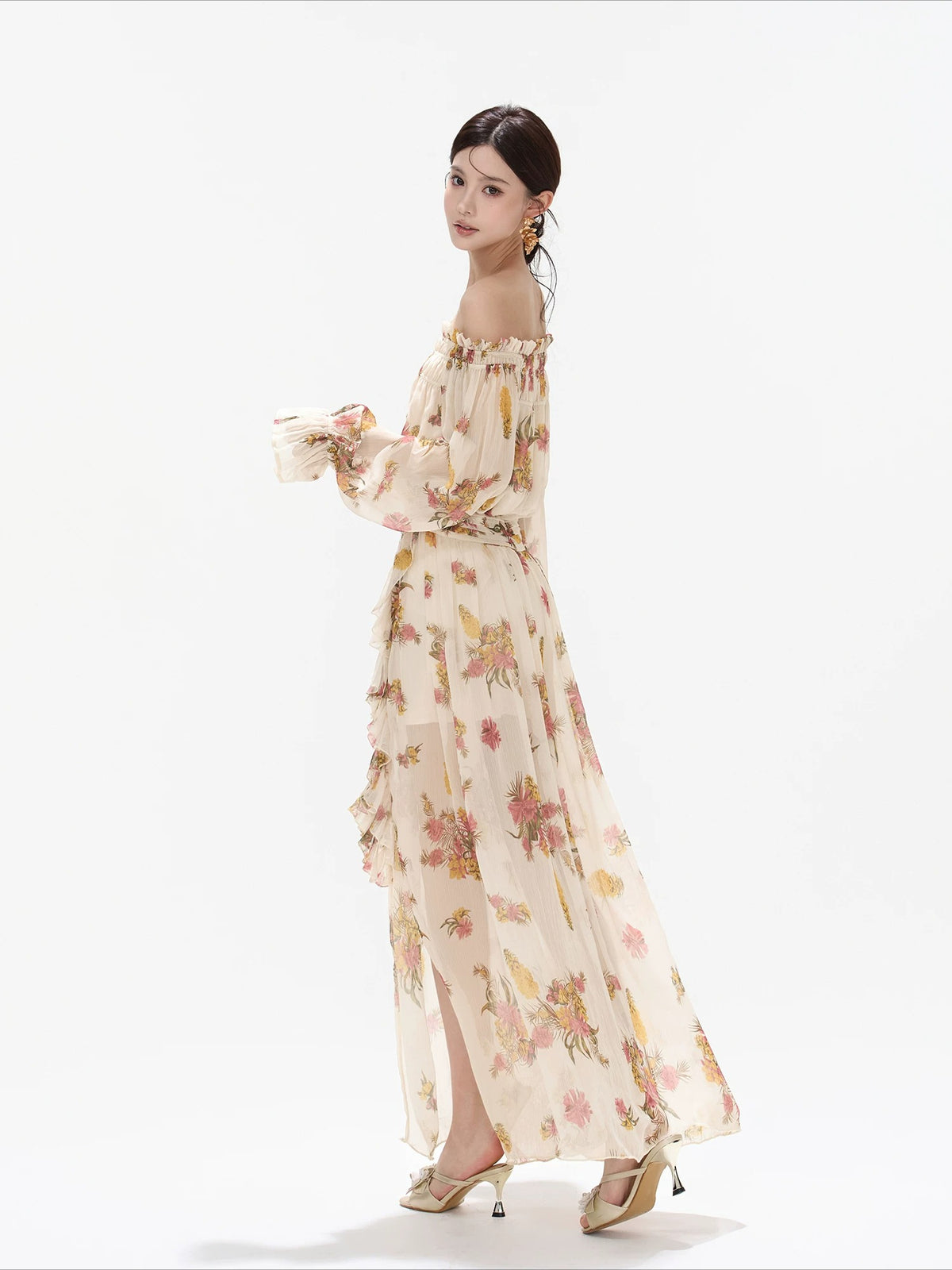 Floral Print Off Shoulder Chiffon Dress