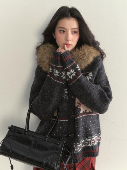 Fair Isle Dog Fur-Collar Cardigan