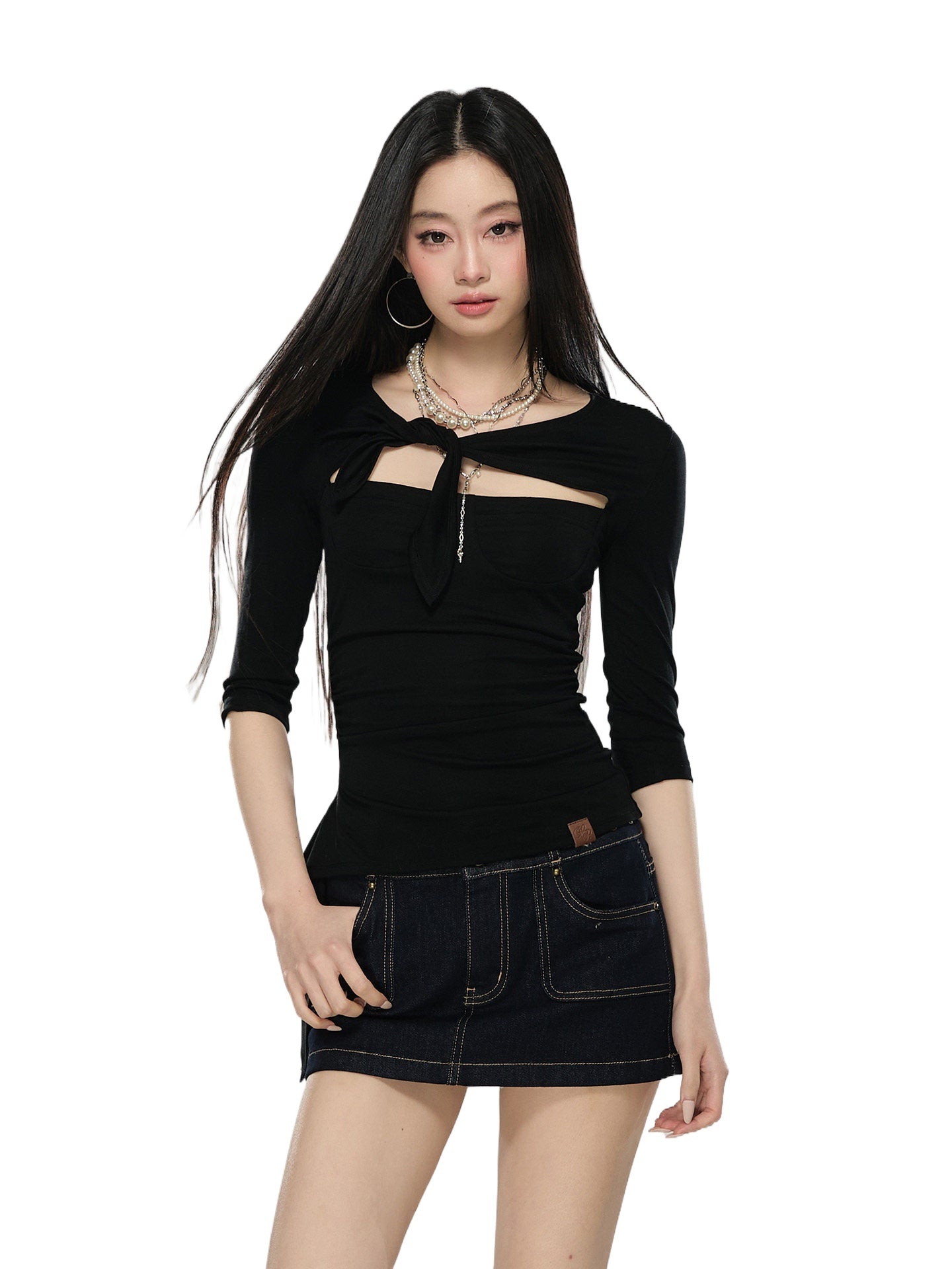 Black &amp; Khaki Tie Cutout Top