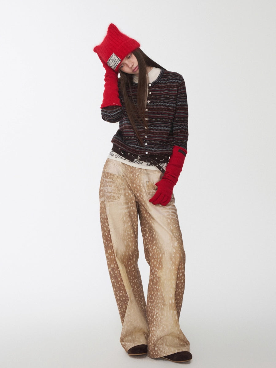 Vintage Deer Print Curved-Leg Canvas Pants