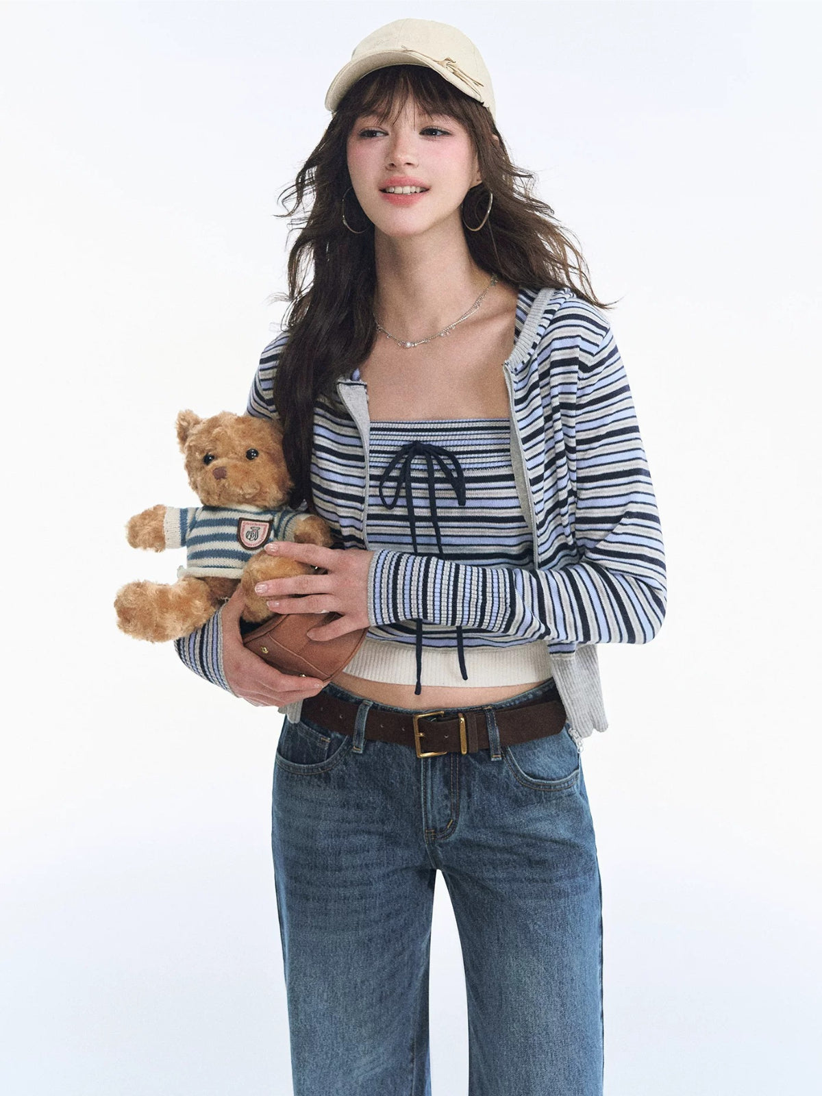 Striped Hooded Cardigan Bandeau Knit Set