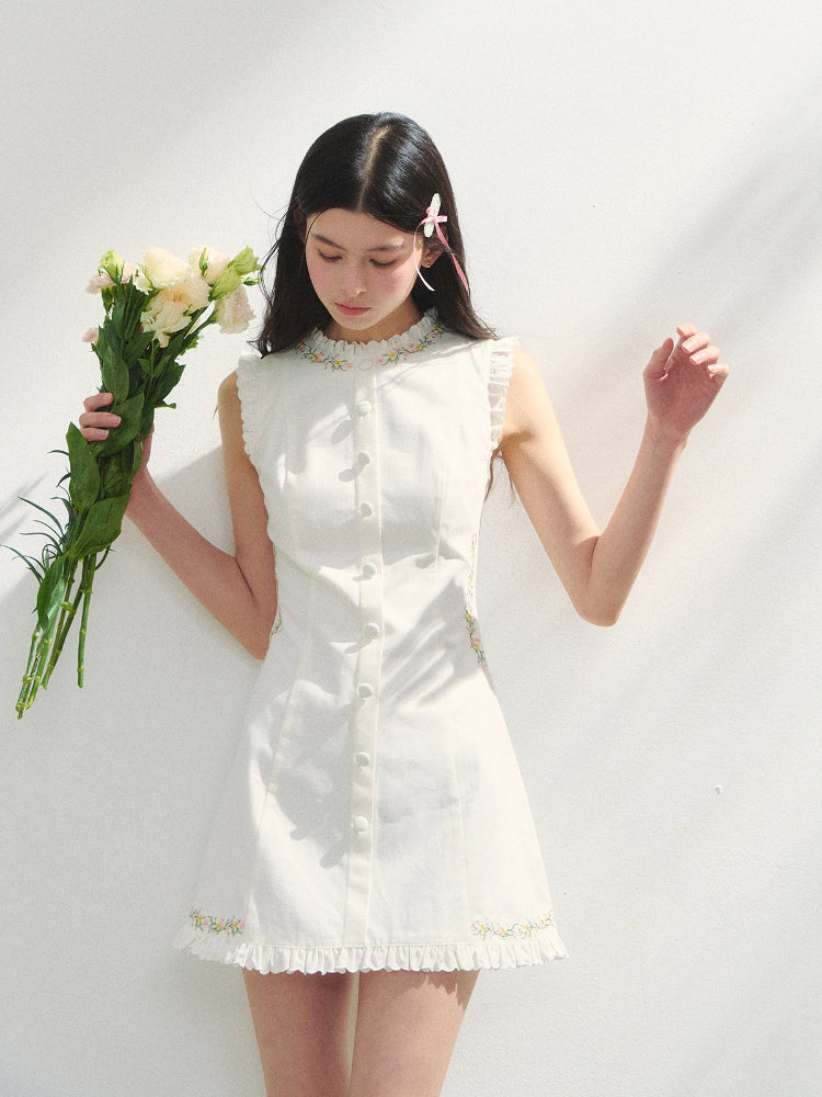Embroidered Floral Waist-Tie Dress