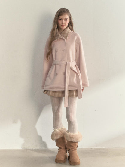 Plaid-Collar Double-Breasted Wool Coat