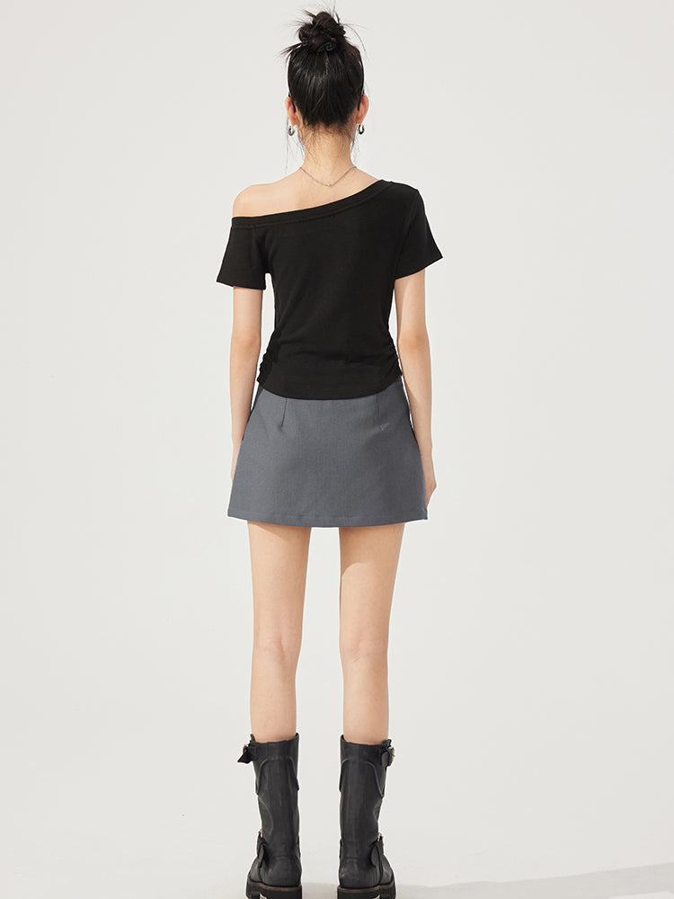 High-Elasticity Star-Studded Diagonal Shoulder T-Shirt