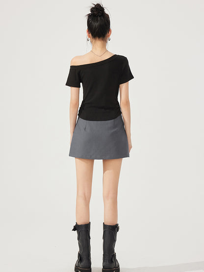 High-Elasticity Star-Studded Diagonal Shoulder T-Shirt