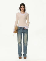 Contrast Layered V-Neck Wool Sweater