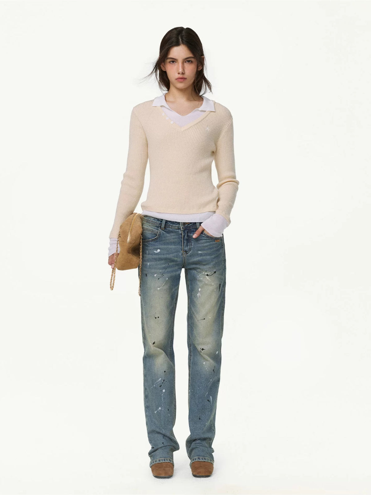 Contrast Layered V-Neck Wool Sweater