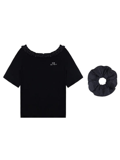 Checkered Asymmetric Shoulder Short-Sleeve T-Shirt &amp; Pants Set