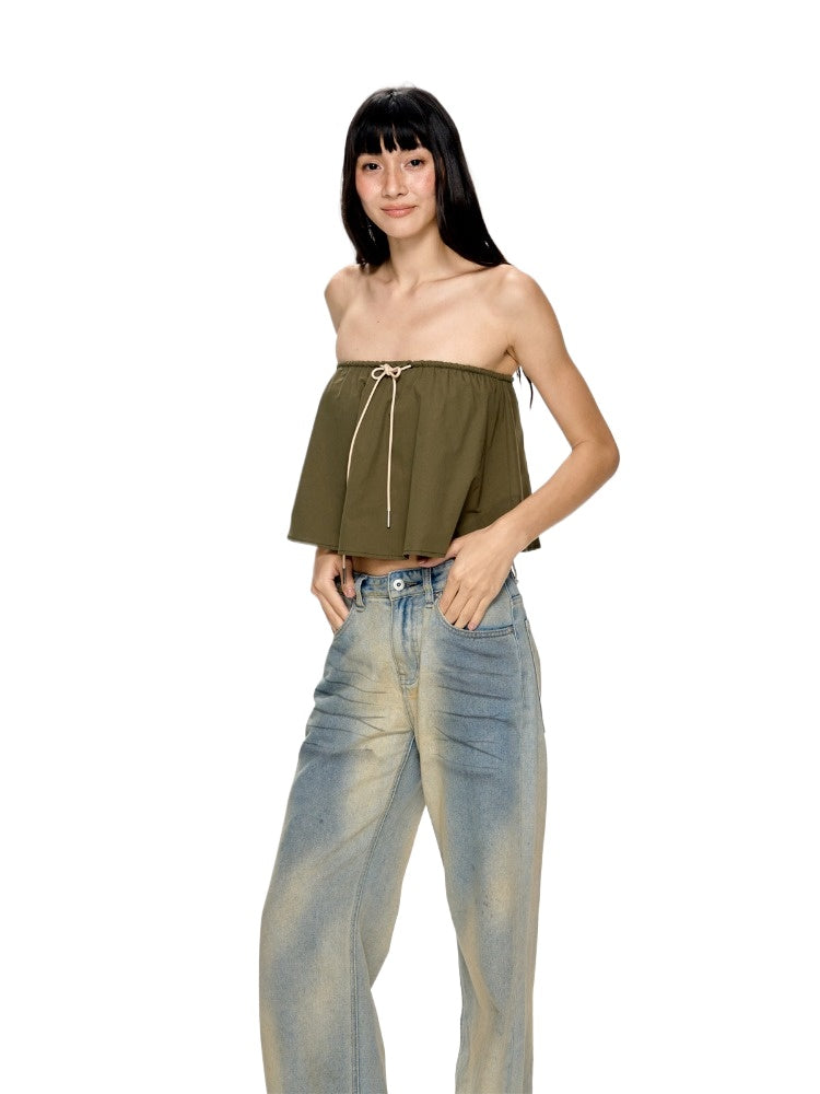 Blue &amp; Green Backless Drawstring Bandeau Top