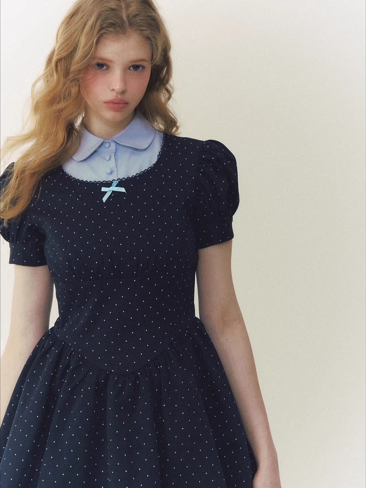Navy Polka Dot Puff Dress