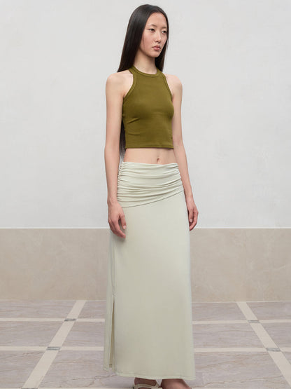 Lyocell Pleated Mid-Low Waist Midi Skirt