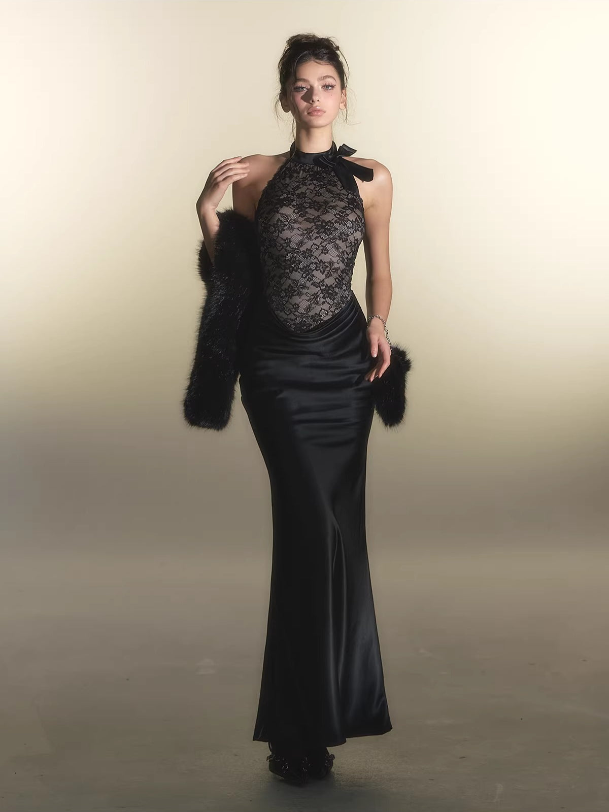 Black Lace Panel Acetate Dress