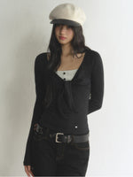 Contrast Bow V-Neck Layered T-Shirt