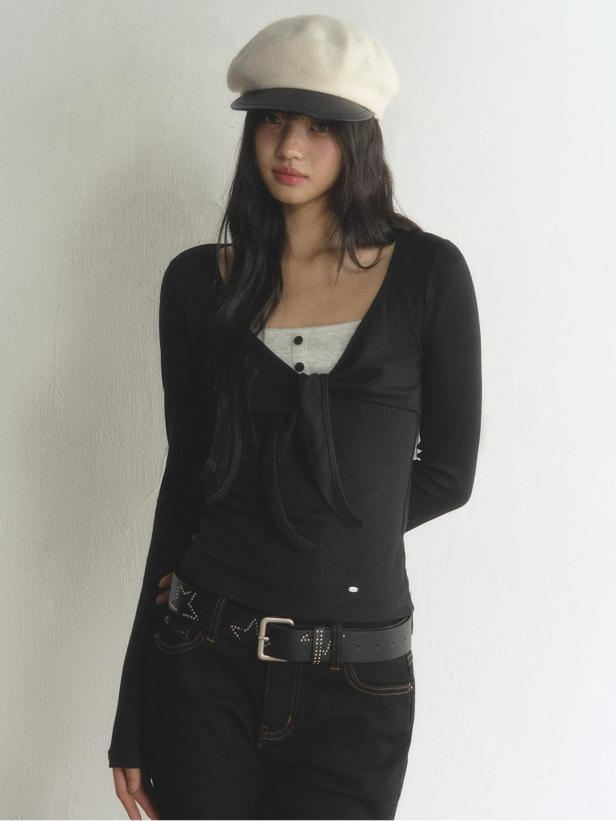 Contrast Bow V-Neck Layered T-Shirt