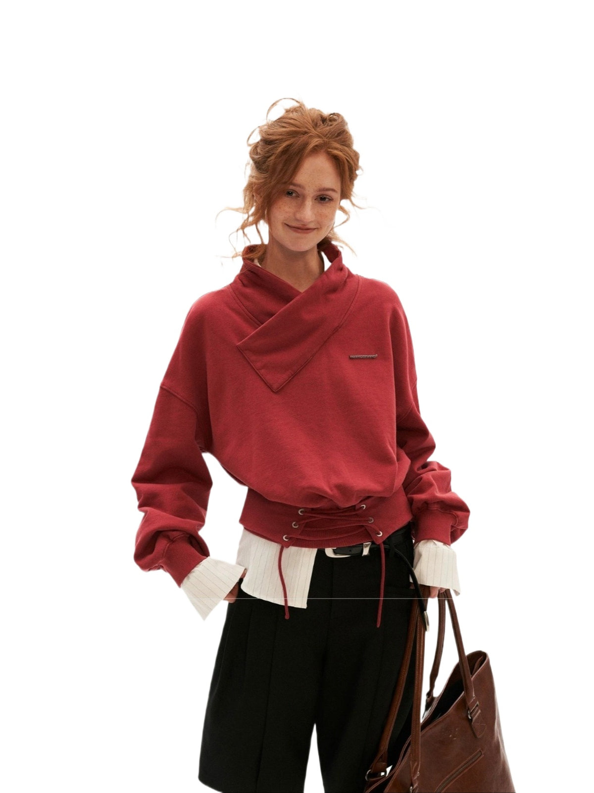 Cross Collar Lace-Up Washed Sweatshirt