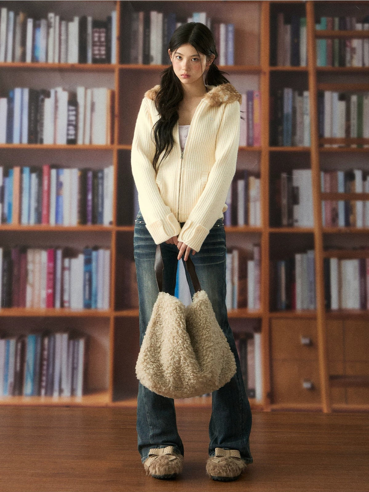 Fawn Fur Collar Ribbed Knit Cardigan
