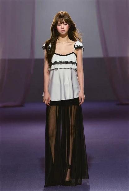 Pleated Mesh Maxi Skirt