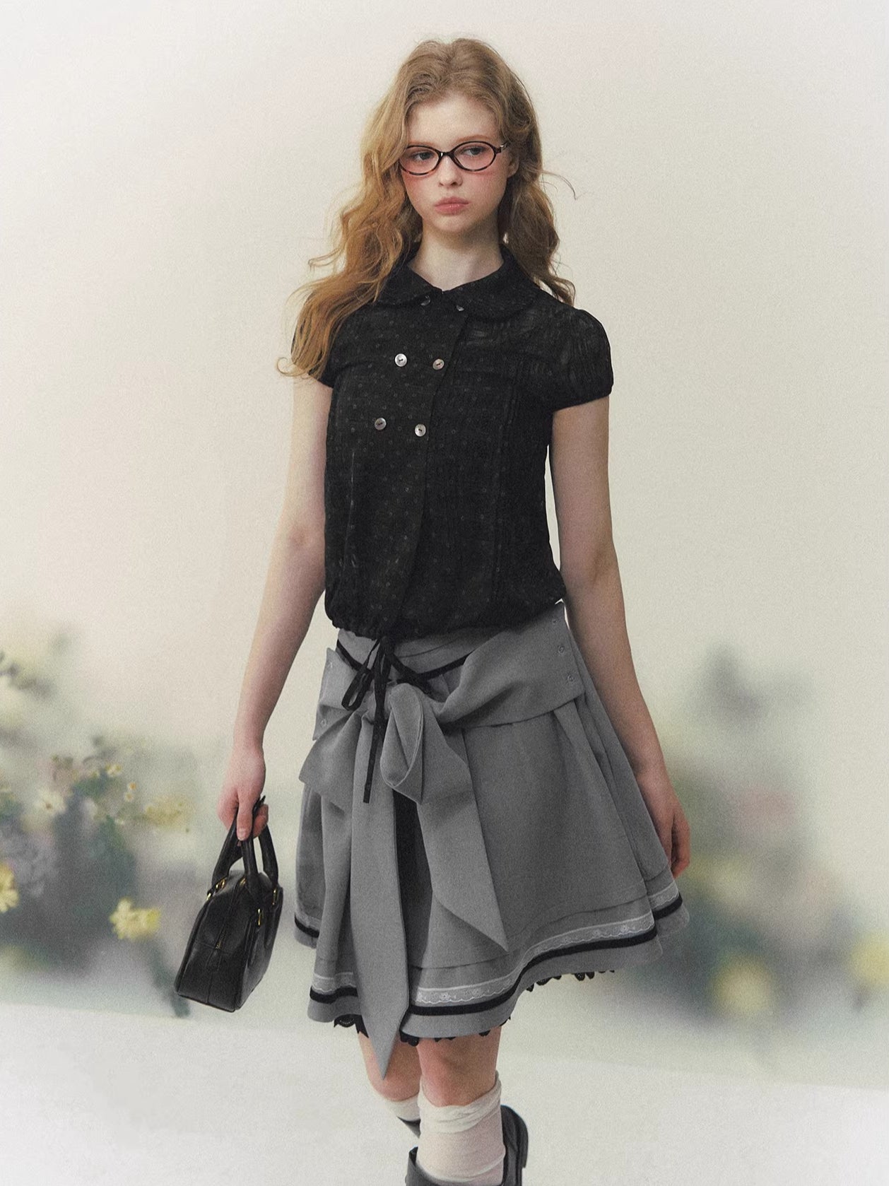 Gray Bow Pleated Skirt