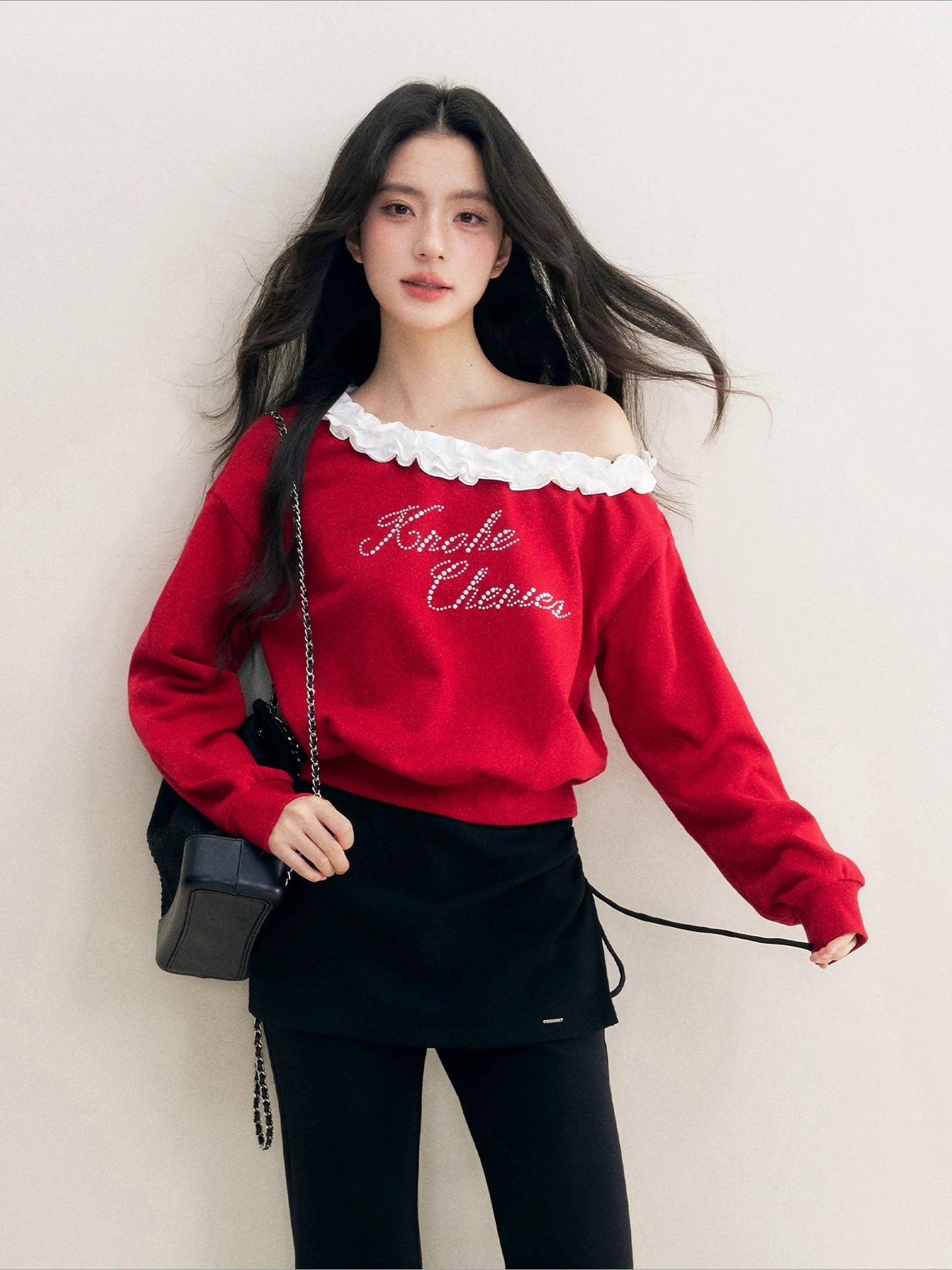 Red Pearl Ruffle Off-Shoulder Sweatshirt
