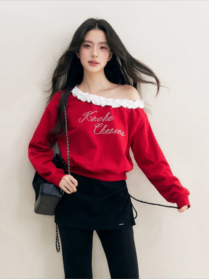 Red Pearl Ruffle Off-Shoulder Sweatshirt