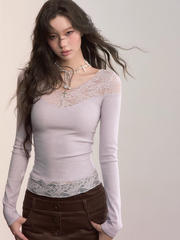 Lace-Trim V-Neck Long-Sleeve Knit Top
