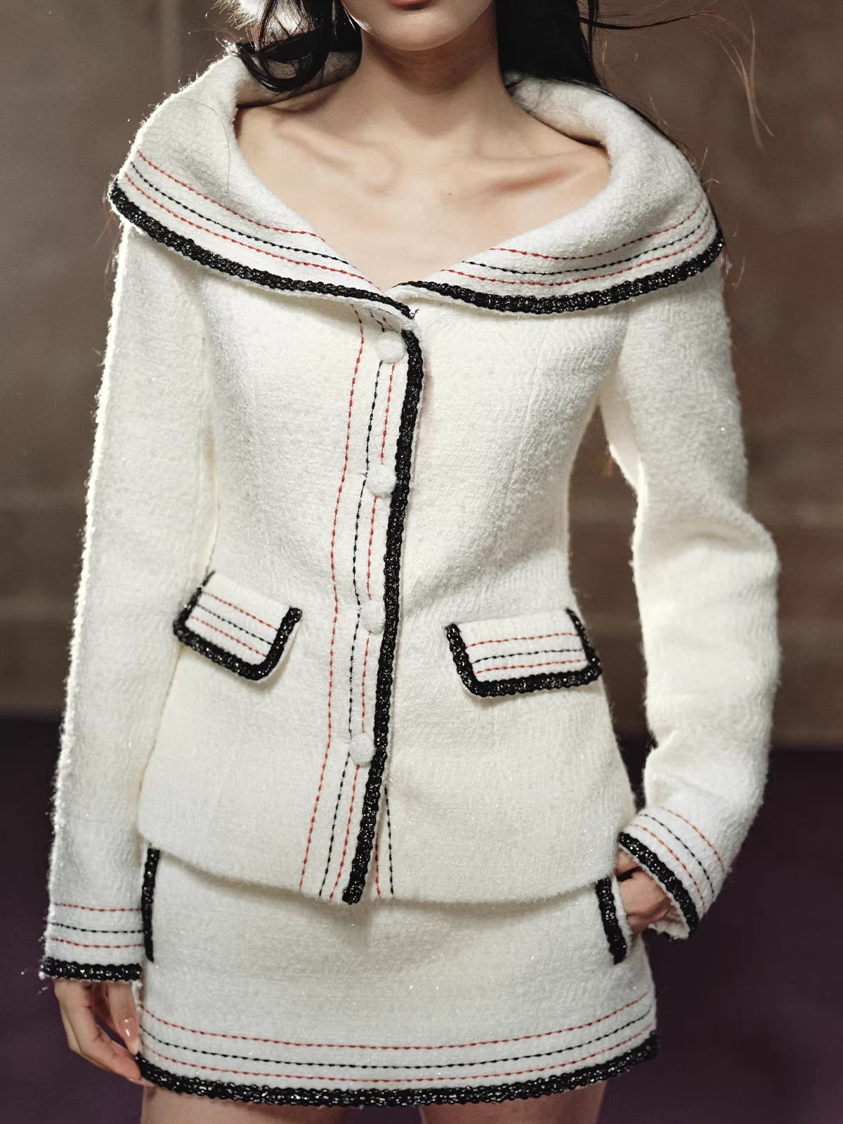 Chanel-Style Off-Shoulder Jacket &amp; Skirt Set