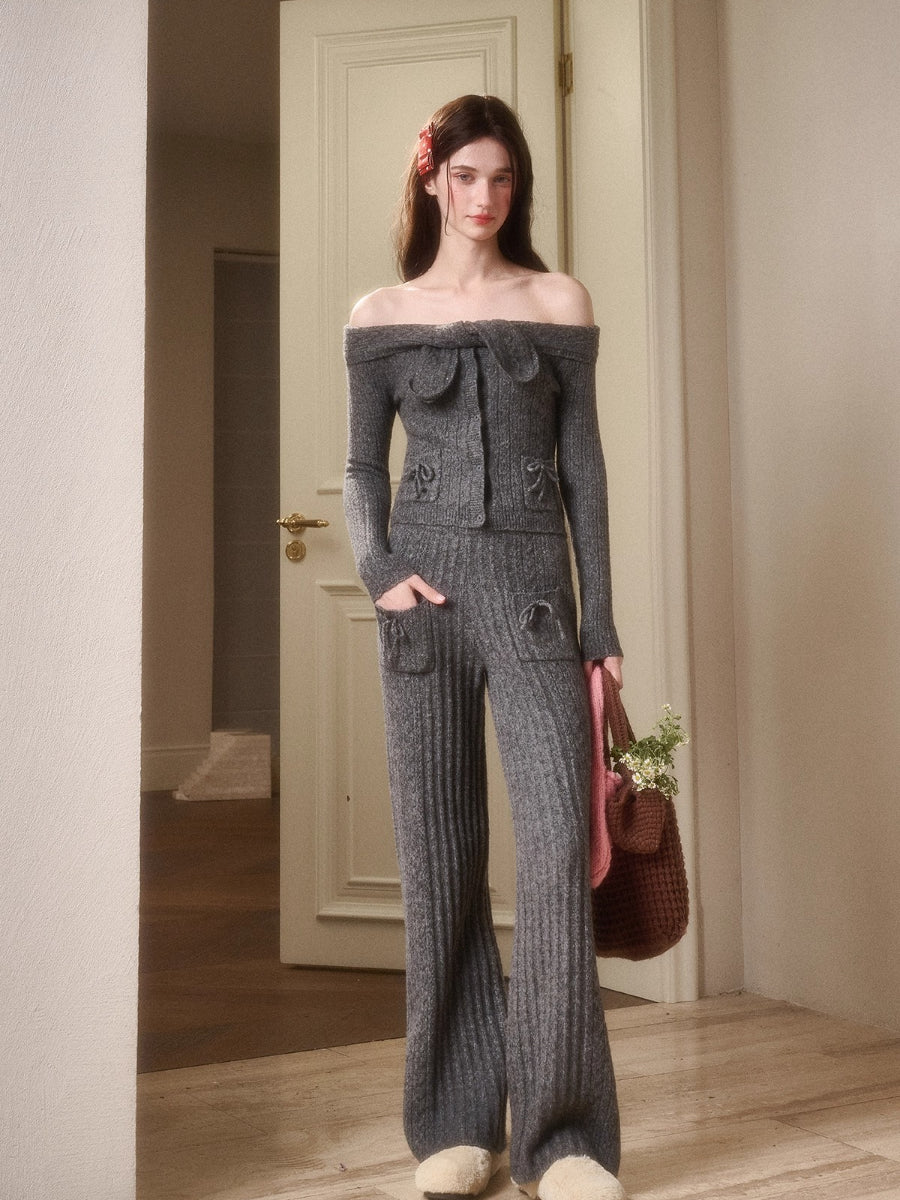 Velvet Bunny Wool Cloud Off-Shoulder Knit Cardigan &amp; Pants Set
