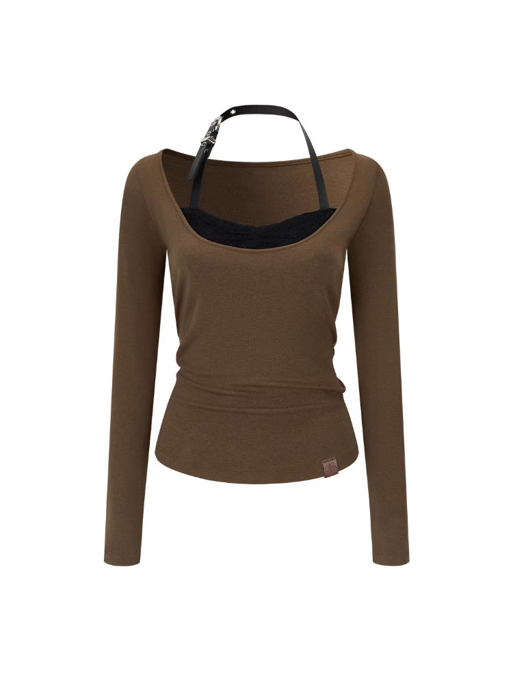 Lace-Panel Contrast Knit Top