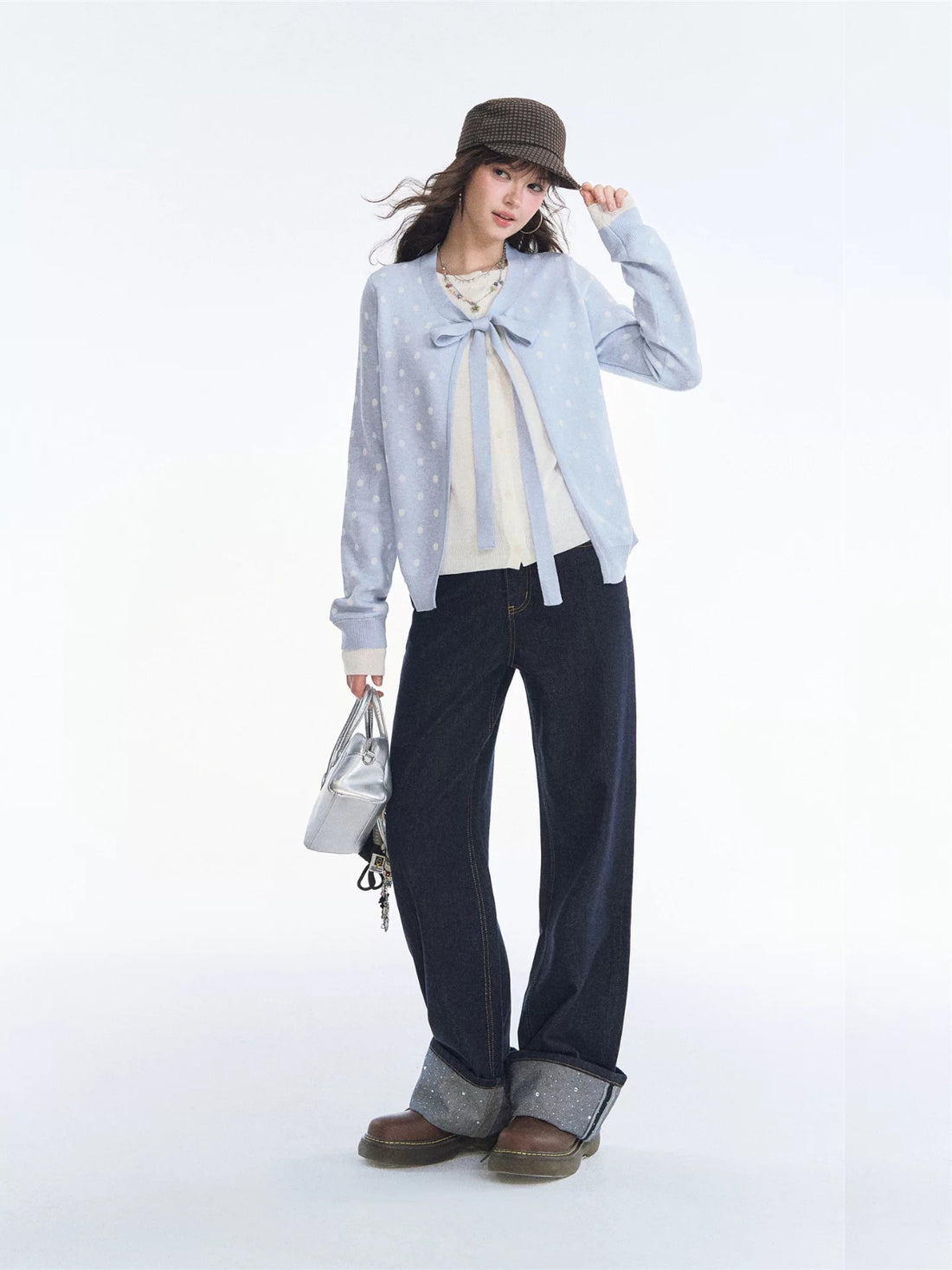 Polka Dot Bow Tie Knit Cardigan