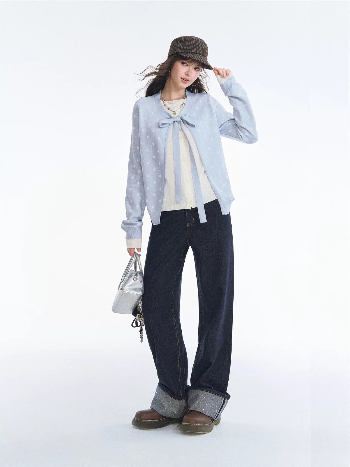 Polka Dot Bow Tie Knit Cardigan