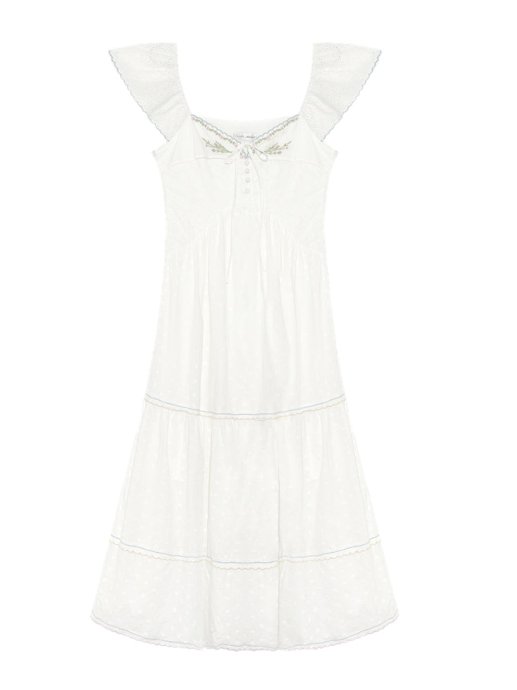 White Square Neck Hollow Embroidered Dress