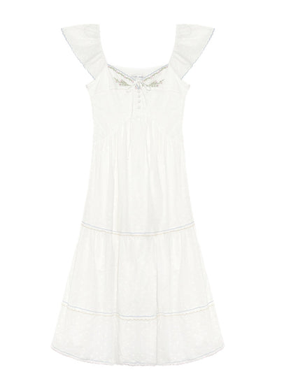 White Square Neck Hollow Embroidered Dress