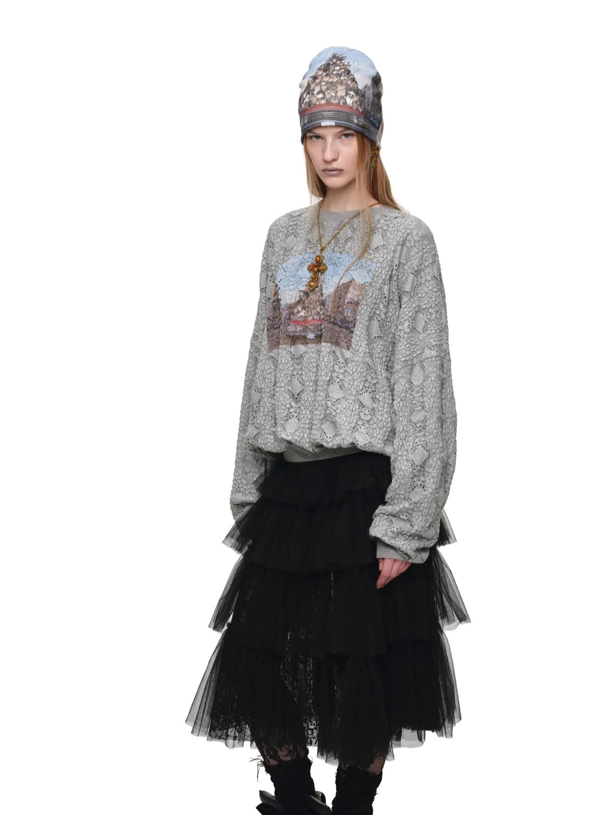 Cat Print Lace Balloon Sweatshirt