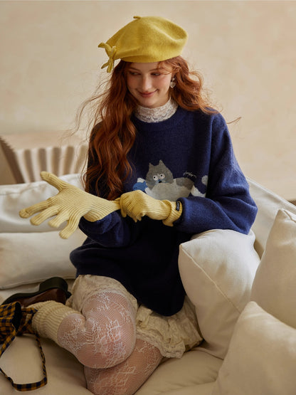 Cat Embroidery Jacquard Knit Sweater