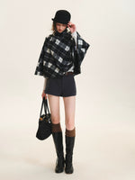 Checked Wool Blend Cape Coat