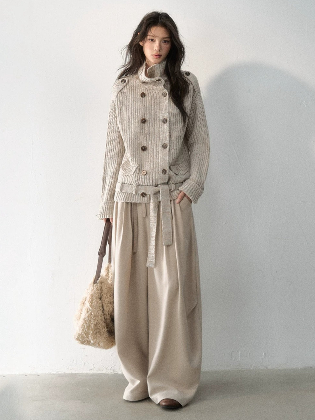 Double-Breasted Turtleneck Knit Cardigan
