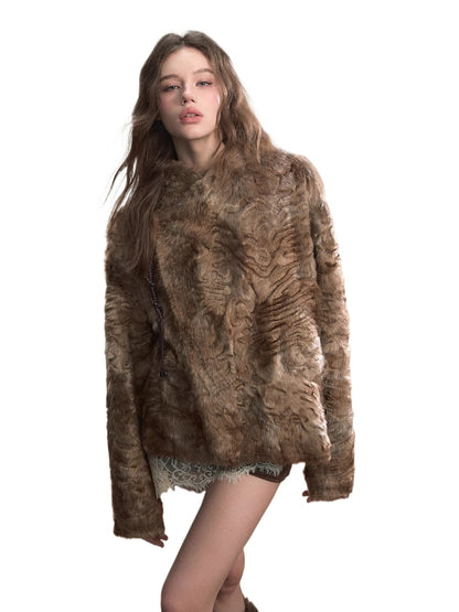 Textured Custom Large Notch Collar Faux Fur Coat