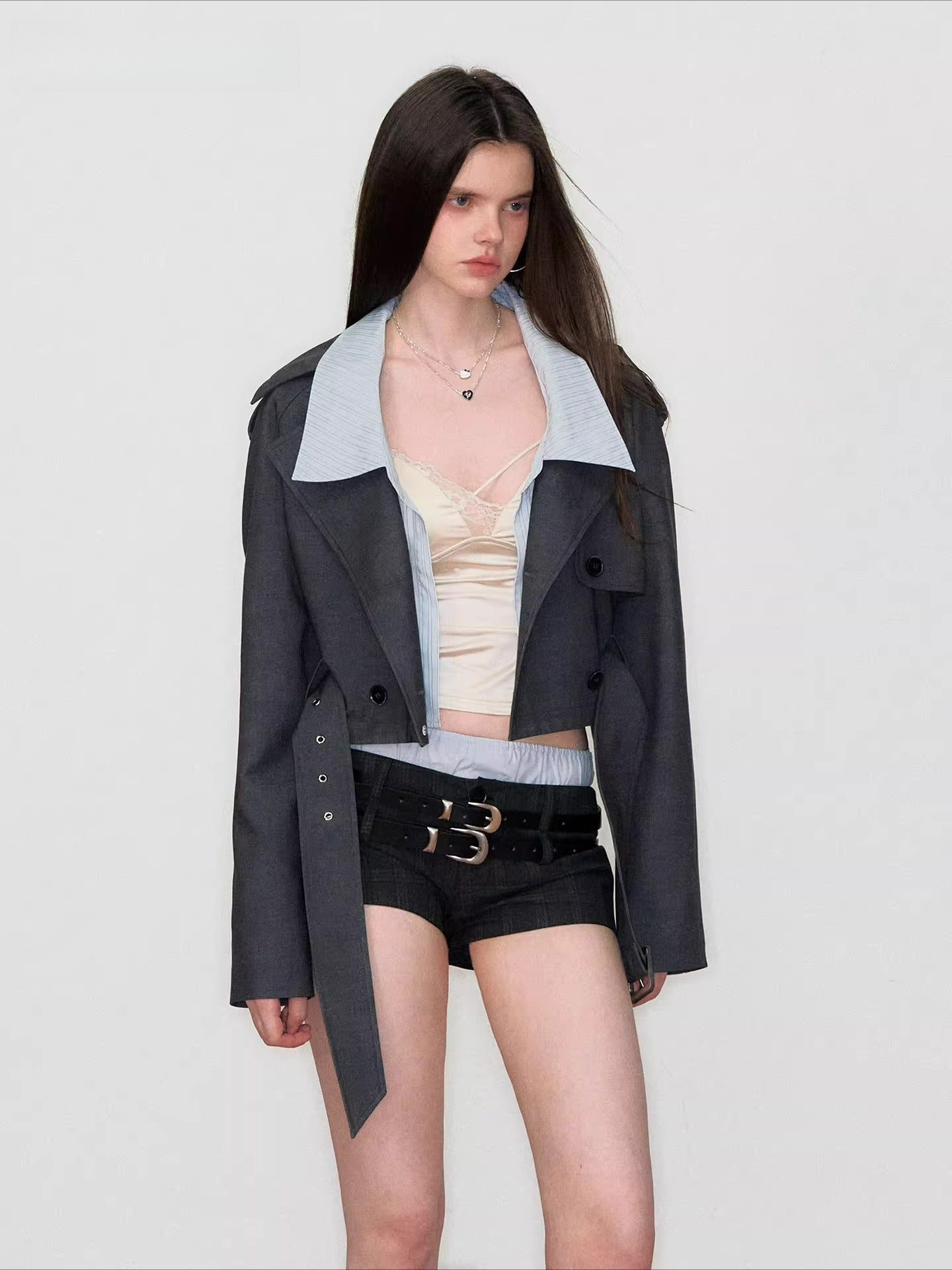 Double-Waist Plaid Tailored Shorts