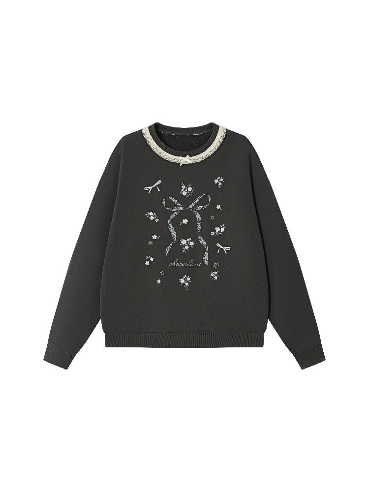 Floral Lace Trim Crewneck Sweatshirt