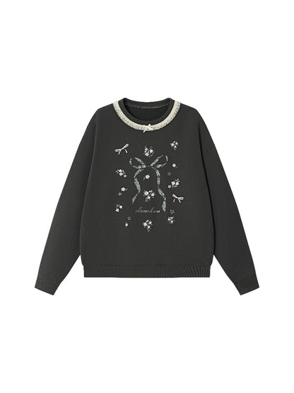 Floral Lace Trim Crewneck Sweatshirt