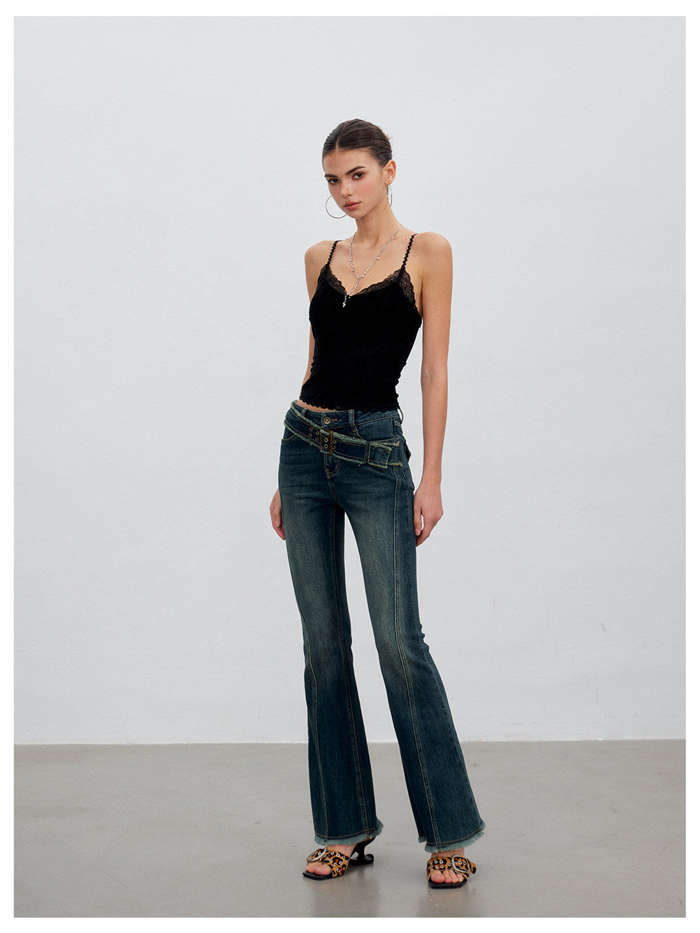 Washed Raw-Edge Belted Flare Jeans