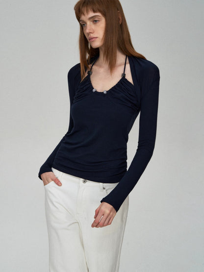 Lyocell Wool Pleated Beaded Tee